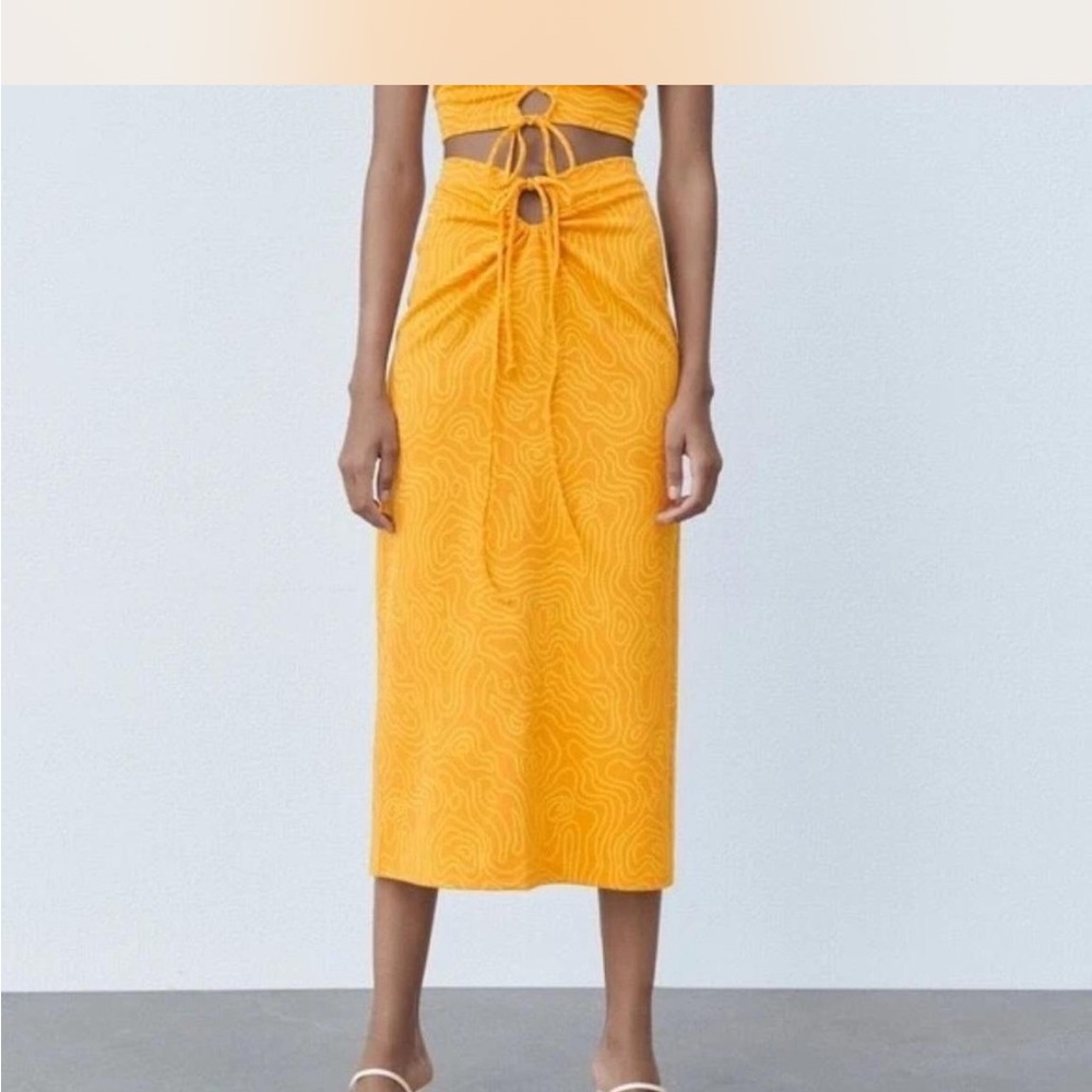 ZARA Orange Abstract Printed Cutout Tie high Waist Midi Skirt, Size Medium
